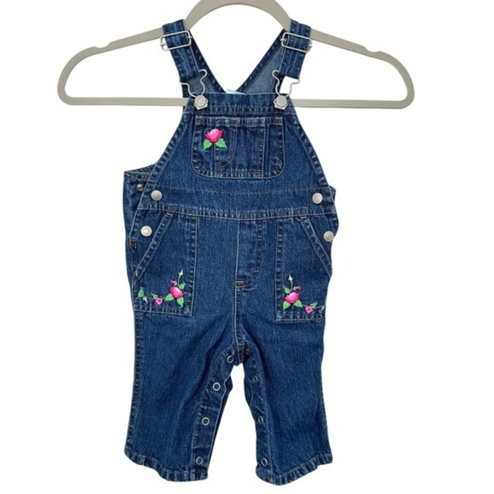 Vintage Old Navy Floral Embroidered Denim Jean Overalls Baby Girls Size‎ 6-12 M